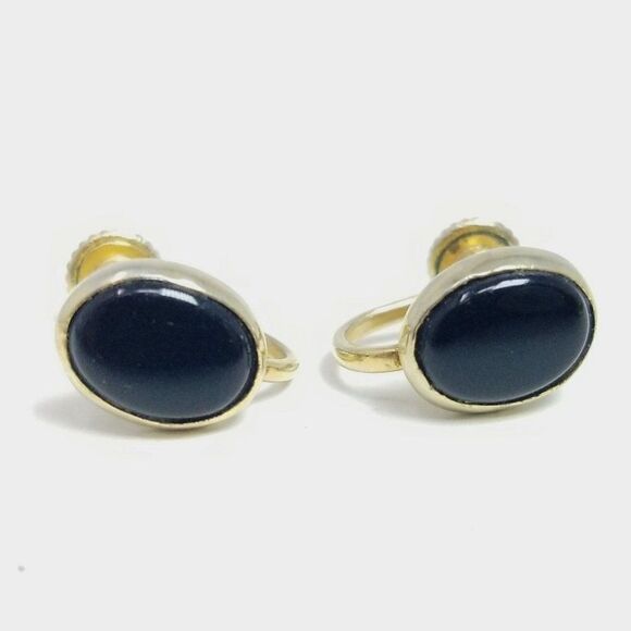 Vintage Black Oval Bevel Set Gold Tone Clip On Earrings, Screw Back Setting - Picture 1 of 6